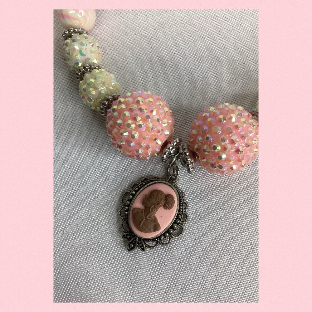 Vintage Pink Beaded Necklace 
 with Cameo Pendant.